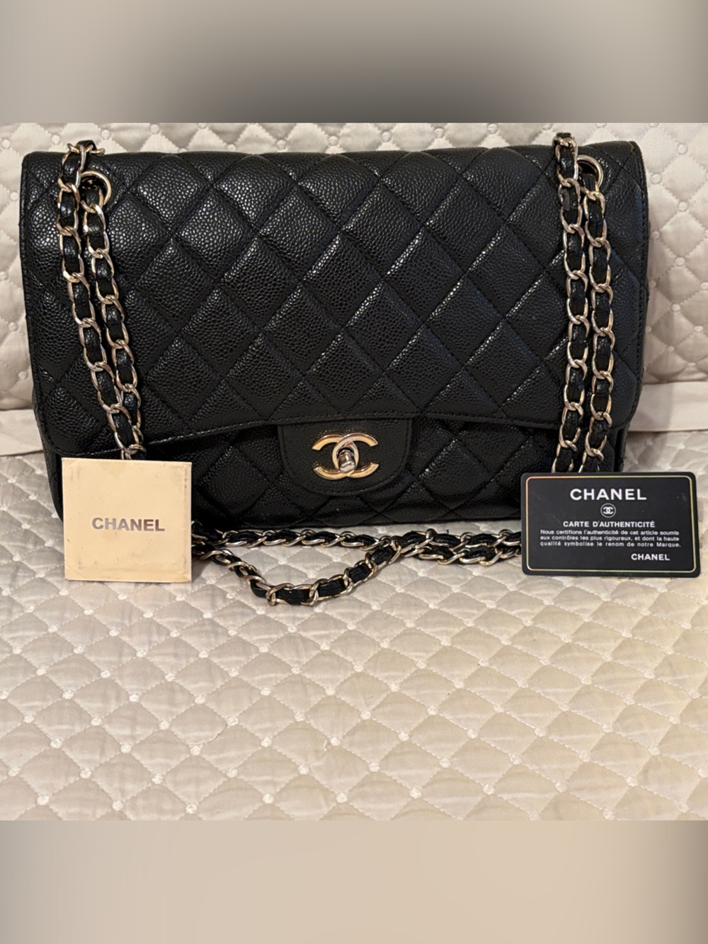 CHANEL Jumbo Caviar Black Quilted Shoulder Bag with Gold Chain and CC Lock